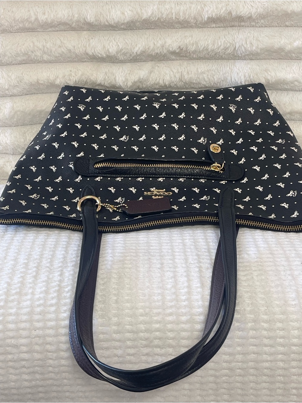 COACH Taylor Black Coated Canvas Tote with White Butterfly Signature Print - Picture 8 of 10